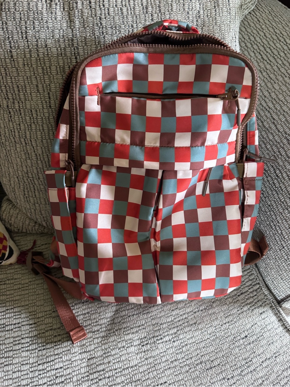 Emmafy Minimax Checkerboard Pattern Casual Backpack - Orange , Blue, Brown